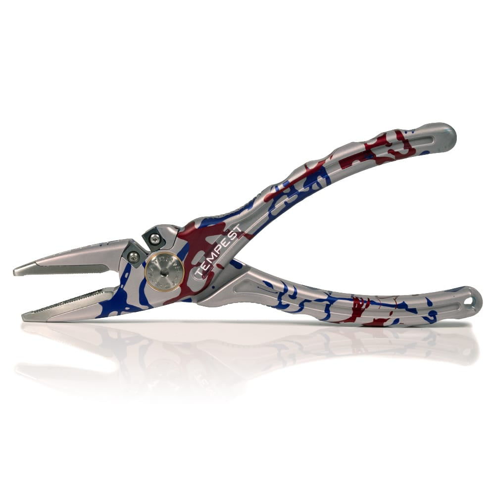 Hatch Tempest 2 aluminum pliers with red and blue USA camo pattern, ergonomic contoured silver handles and serrated jaws