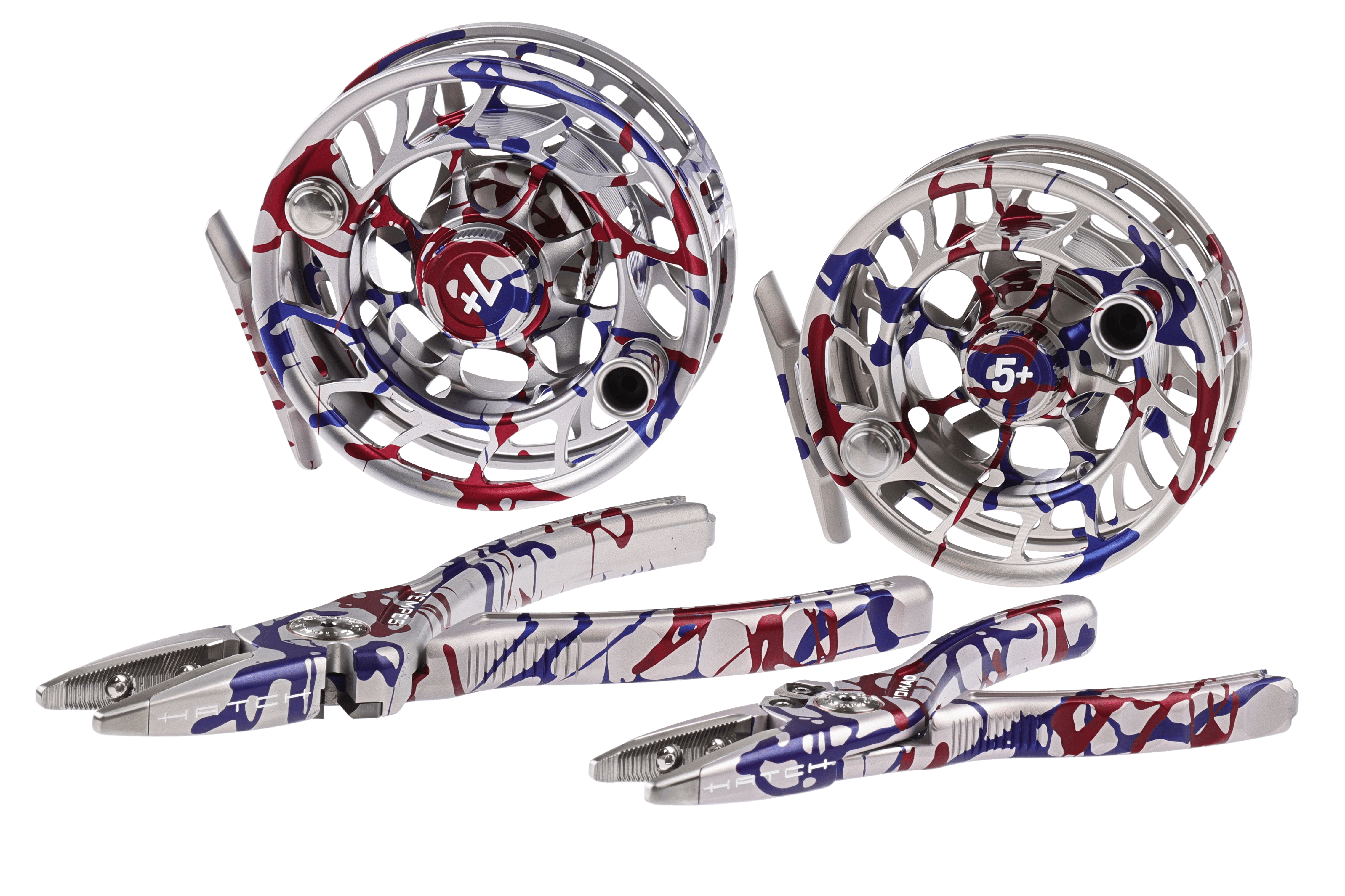 Silver anodized Hatch fly pliers and reels with red, blue splatter USA 250th anniversary finish