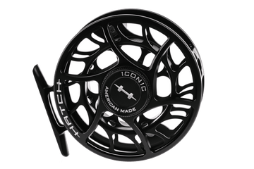 Black anodized large-arbor Hatch Iconic fly reel with skeletonized cutouts, American Made engraved hub