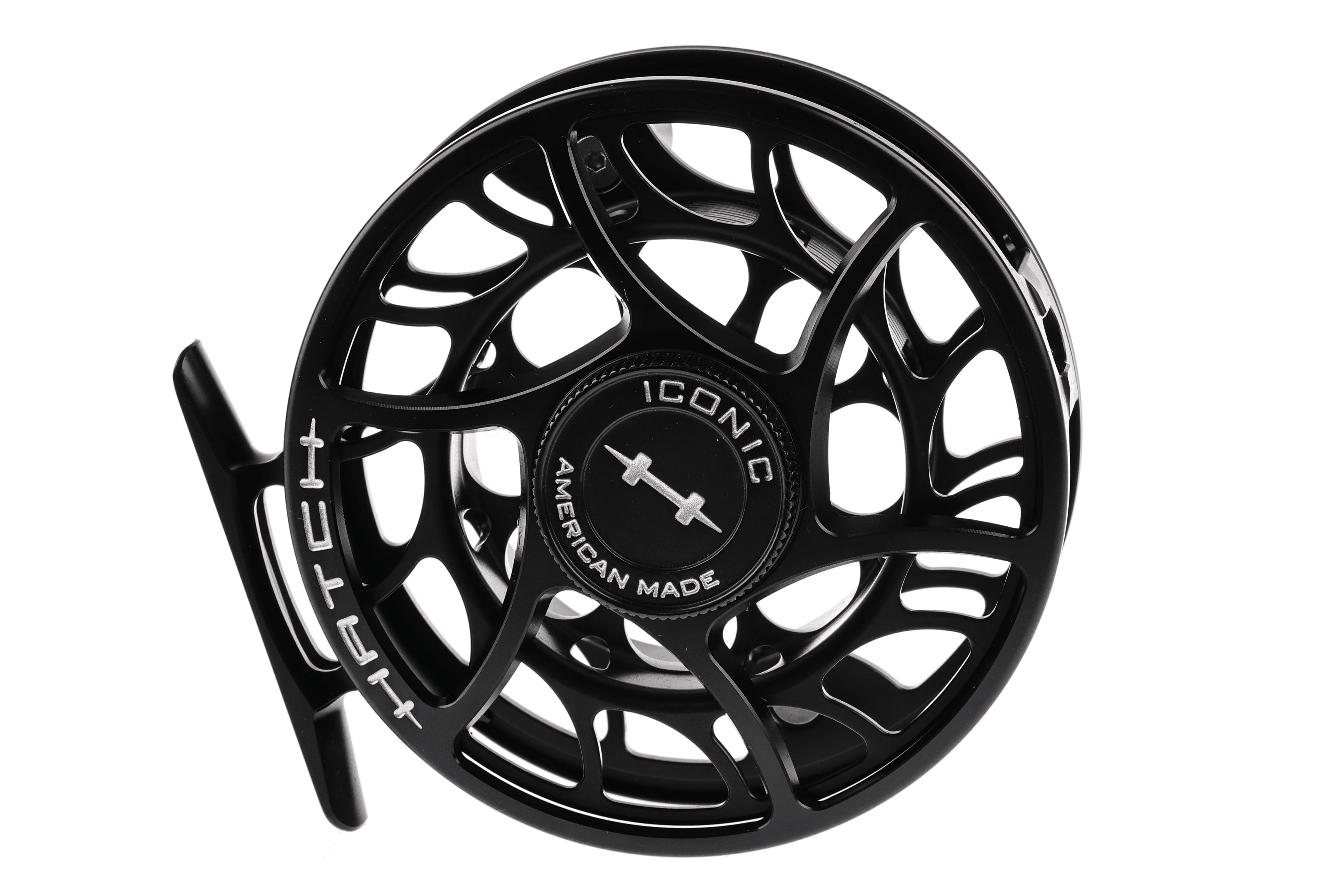 Black anodized large-arbor Hatch Iconic fly reel with skeletonized cutouts, American Made engraved hub