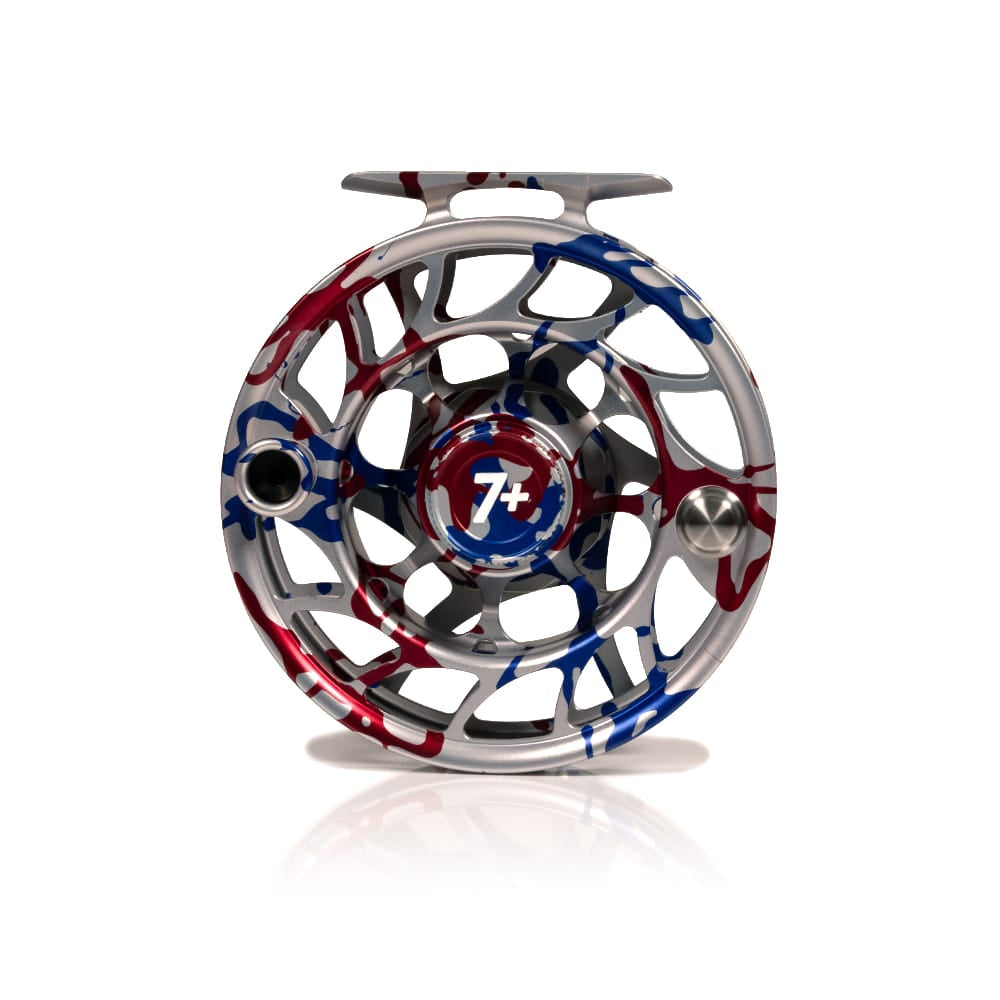 Hatch Iconic USA 250th fly reel, silver anodized aluminum large-arbor skeleton spool with red and blue finish