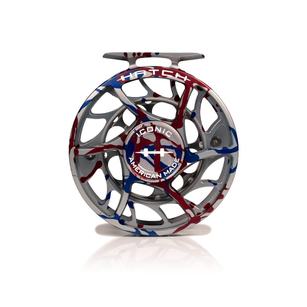 Hatch Iconic 250th Anniversary fly reel, machined silver aluminum with red white and blue camo finish and open arbor design