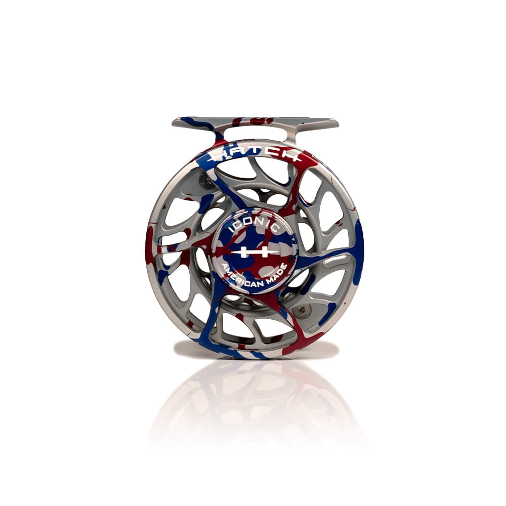Hatch Iconic fly reel in red, white and blue camo anodized aluminum with skeletonized spool and American Made badge
