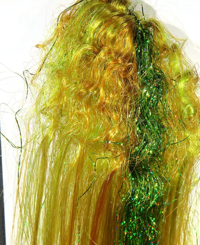 Hedron Big Fly Fiber w/ Curl chartreuse-yellow synthetic curly fibers with green holographic tinsel for fly tying