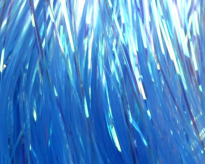 Hedron Dyed Pearl Flashabou bright blue iridescent synthetic tinsel strands, pearlescent flash for fly tying