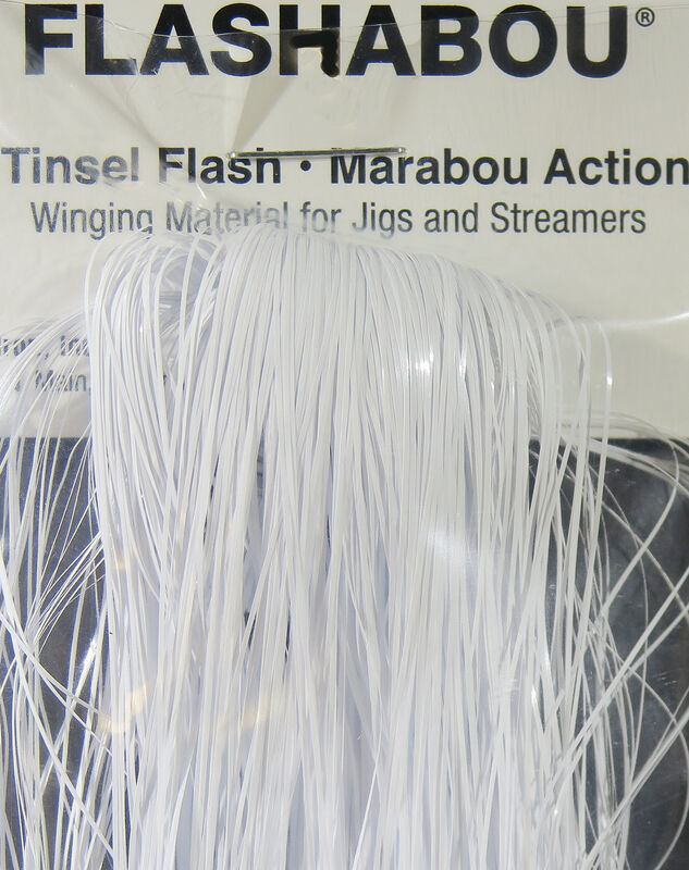Hedron Flashabou white glossy synthetic tinsel strands, thin flash fibers for fly tying and streamers