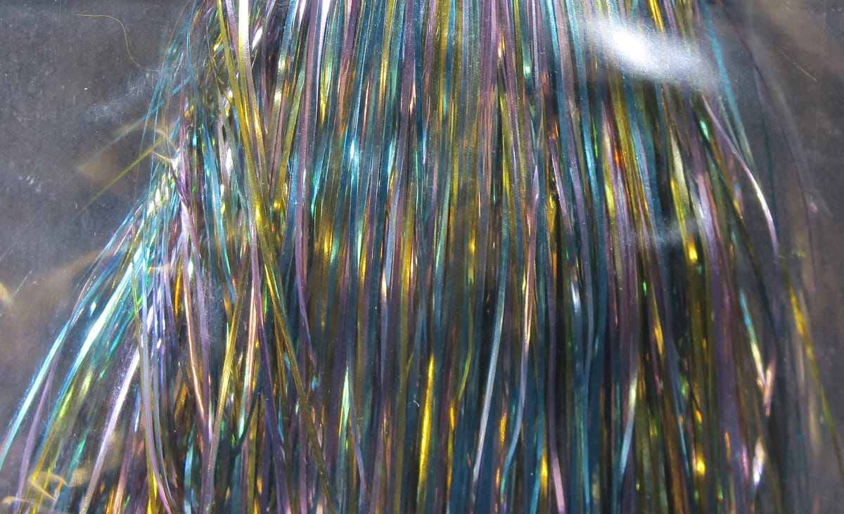 Hedron Flashabou fly tying tinsel strands, iridescent metallic blue, gold, purple and green