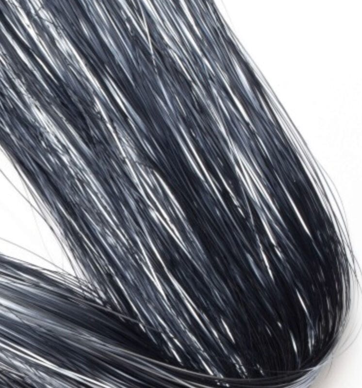 Black and silver Hedron Flashabou synthetic strands, shimmering tinsel for fly tying