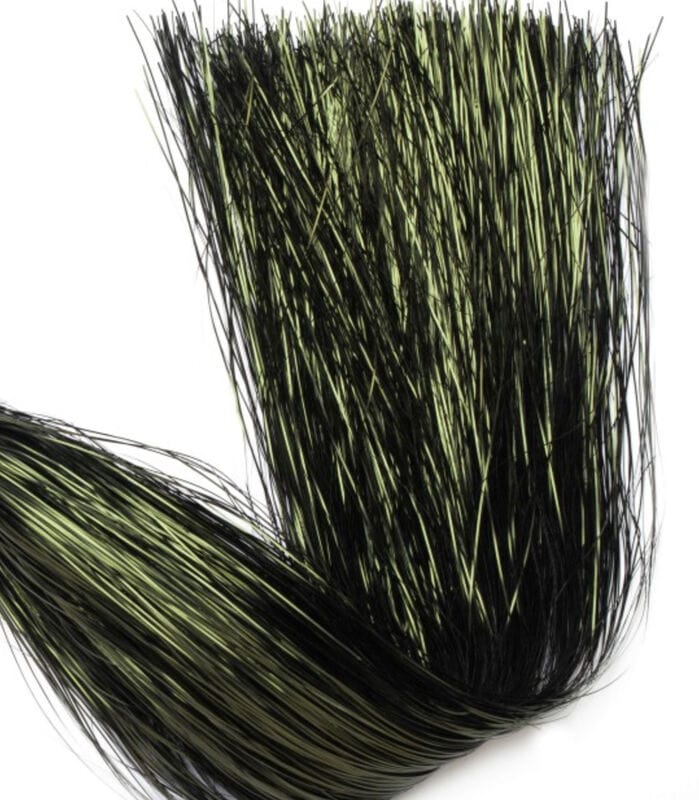 Hedron Flashabou fly-tying material: dense black synthetic strands with olive-green metallic flash fibers