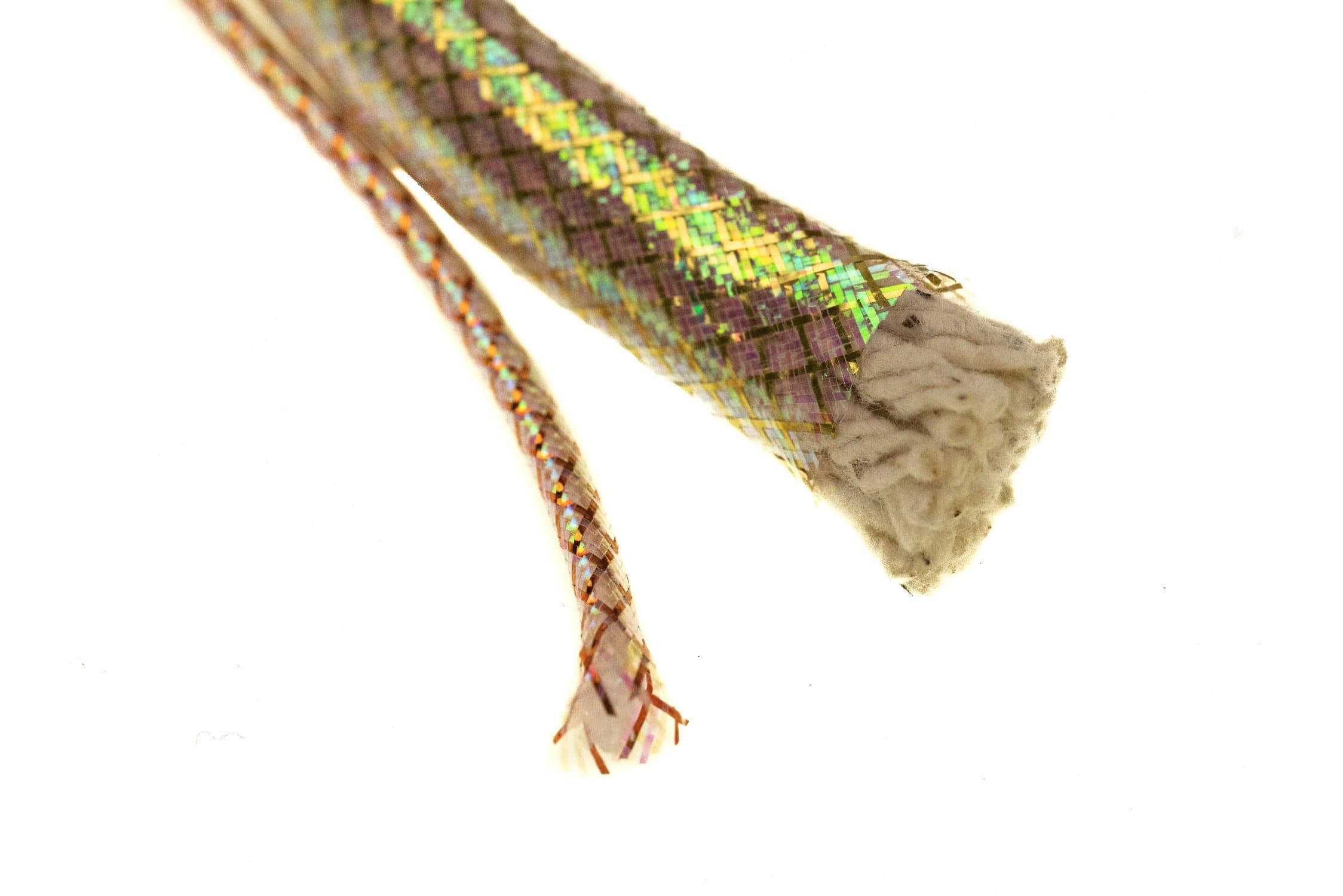 Hedron Flashabou minnow body tubing for fly tying, iridescent green-gold checkered film over braided tube with white core