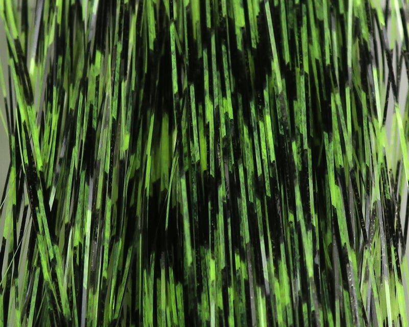 Grizzly-barred Flashabou tinsel, green and black reflective strands with barred pattern for fly tying