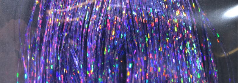 Purple Hedron Holographic Flashabou strands, iridescent tinsel fibers with multicolor holographic flashes for fly tying