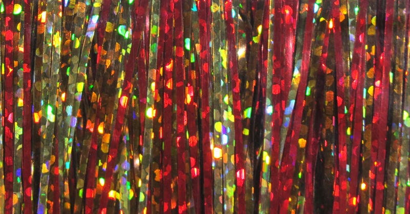 Hedron holographic Magnum Flashabou red strands with iridescent hex glitter, reflective fly tying material