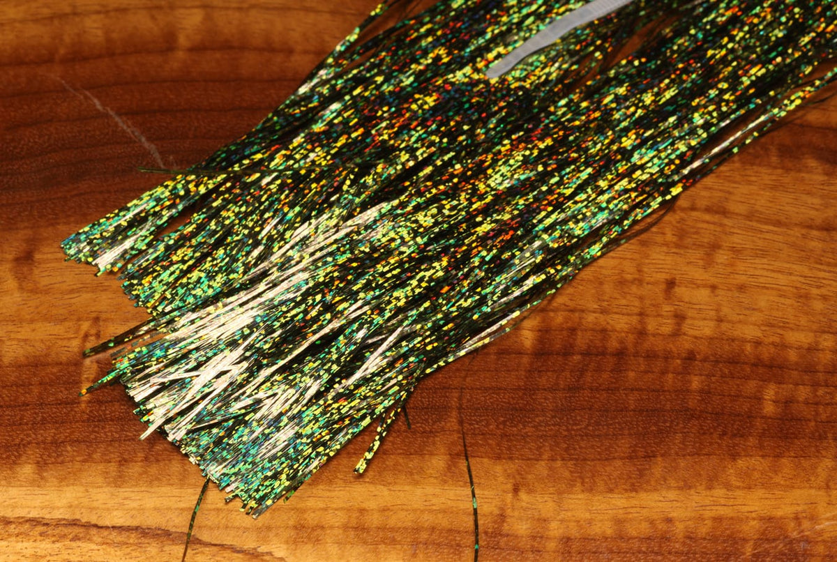 Hedron Holographic Magnum Flashabou long iridescent green-gold tinsel strands for fly tying
