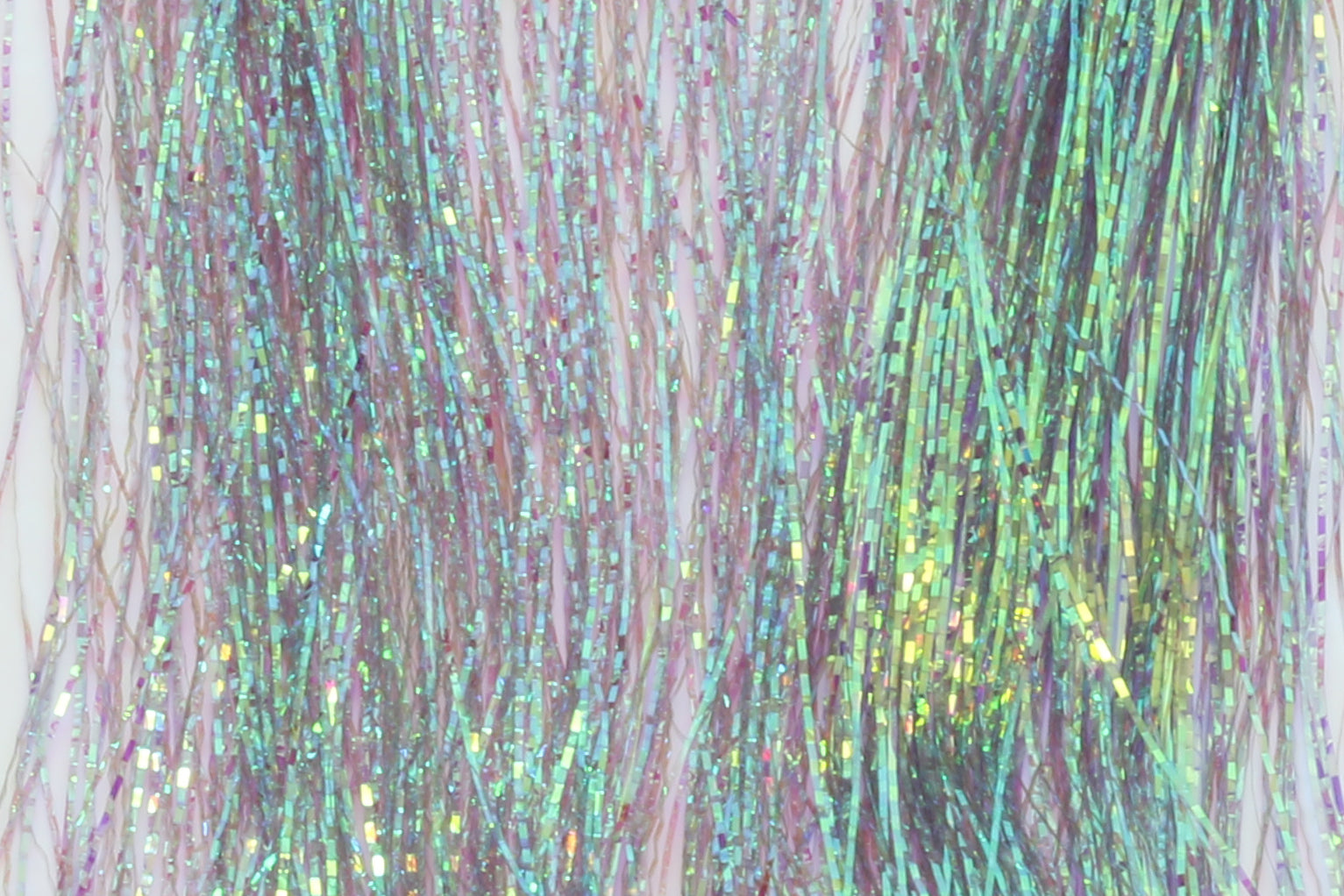 Hedron Lateral Scale holographic iridescent tinsel strands in pink, green and aqua for fly tying
