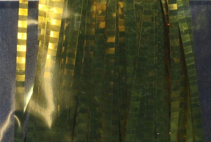 Olive gold holographic lateral scale strips for fly tying, thin reflective plastic with checkered pattern