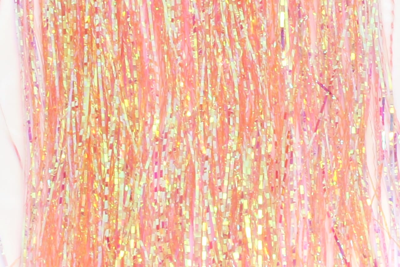 Peach-pink iridescent Hedron Lateral Scale tinsel with gold-holographic rectangular strands, synthetic fly tying material