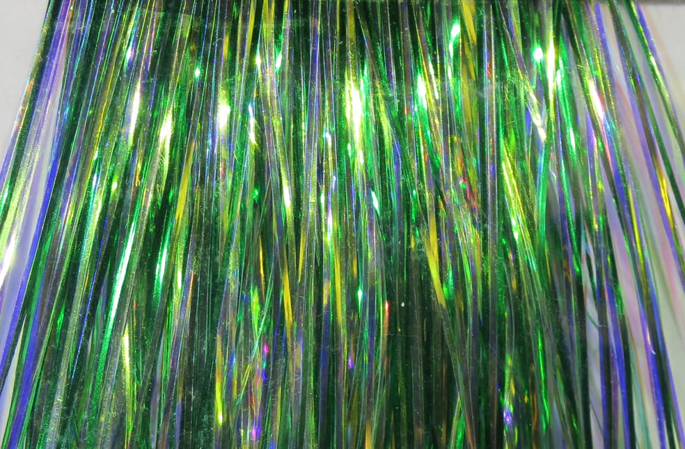 Shimmering Hedron Mirage Flashabou holographic green metallic tinsel strands for fly tying, iridescent reflective flash
