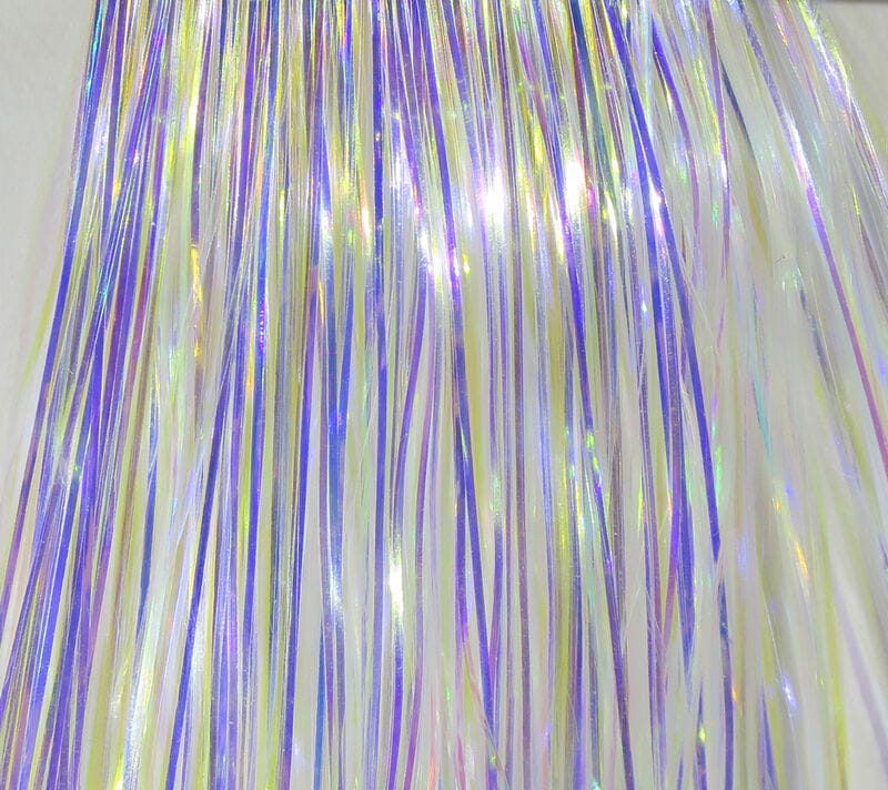 Hedron Mirage Flashabou holographic tinsel strands in pearlescent white with purple and gold reflections for fly tying