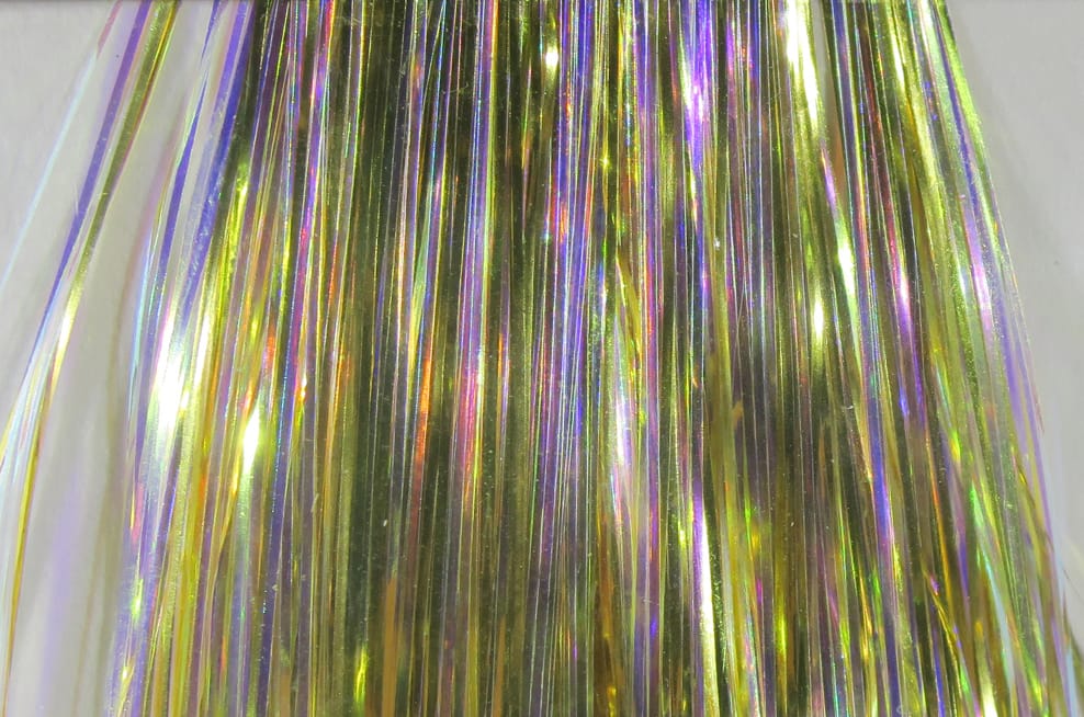Hedron Mirage Flashabou iridescent narrow metallic tinsel strands in gold, green and purple for fly tying