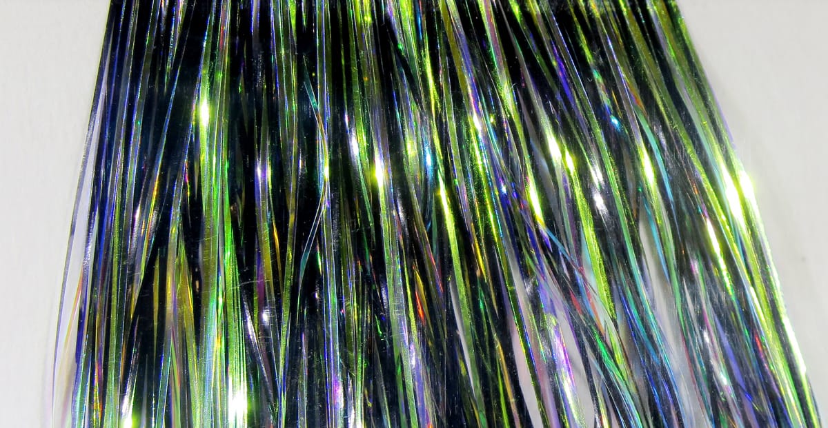 Hedron Mirage Flashabou iridescent green-blue holographic strands for fly tying, thin reflective Mylar tinsel