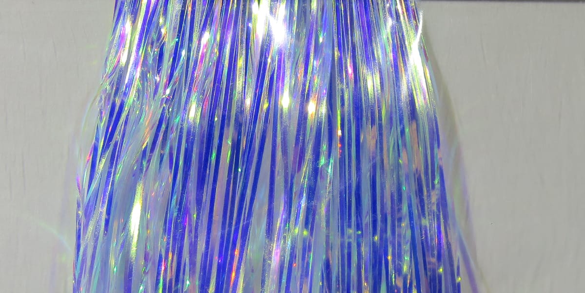 Hedron Mirage Flashabou iridescent blue-silver tinsel strands, holographic mylar fibers for fly tying