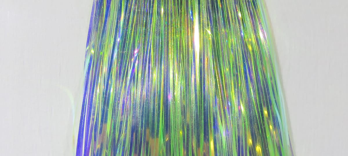 Hedron Mirage Flashabou iridescent green-blue holographic tinsel strands for fly tying