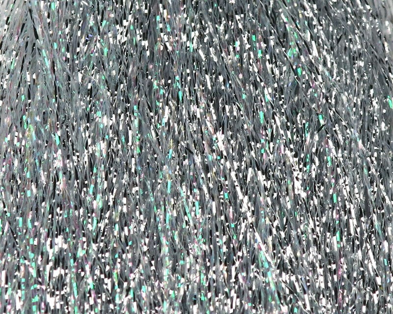 Hedron Polarflash silver holographic tinsel strands with teal iridescent flashes, reflective fly tying material