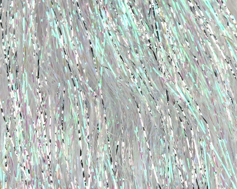 Hedron Polarflash iridescent white mylar strands with silver holographic tinsel, pearlescent flash material for fly tying