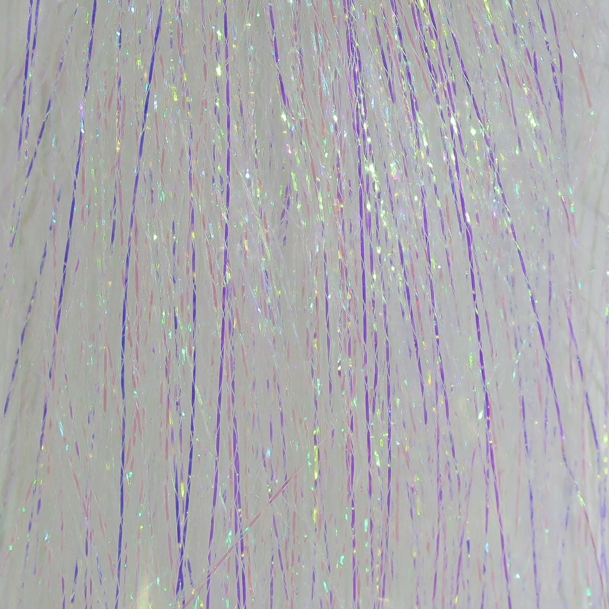 Hedron Polarflash iridescent white synthetic flash fibers with purple and pink holographic highlights for fly tying