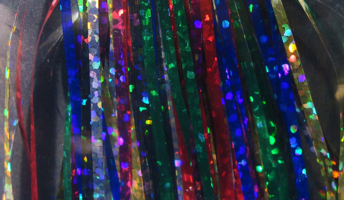 Hedron Saltwater Flashabou holographic strands in red, blue, green and gold, reflective metallic tinsel for fly tying