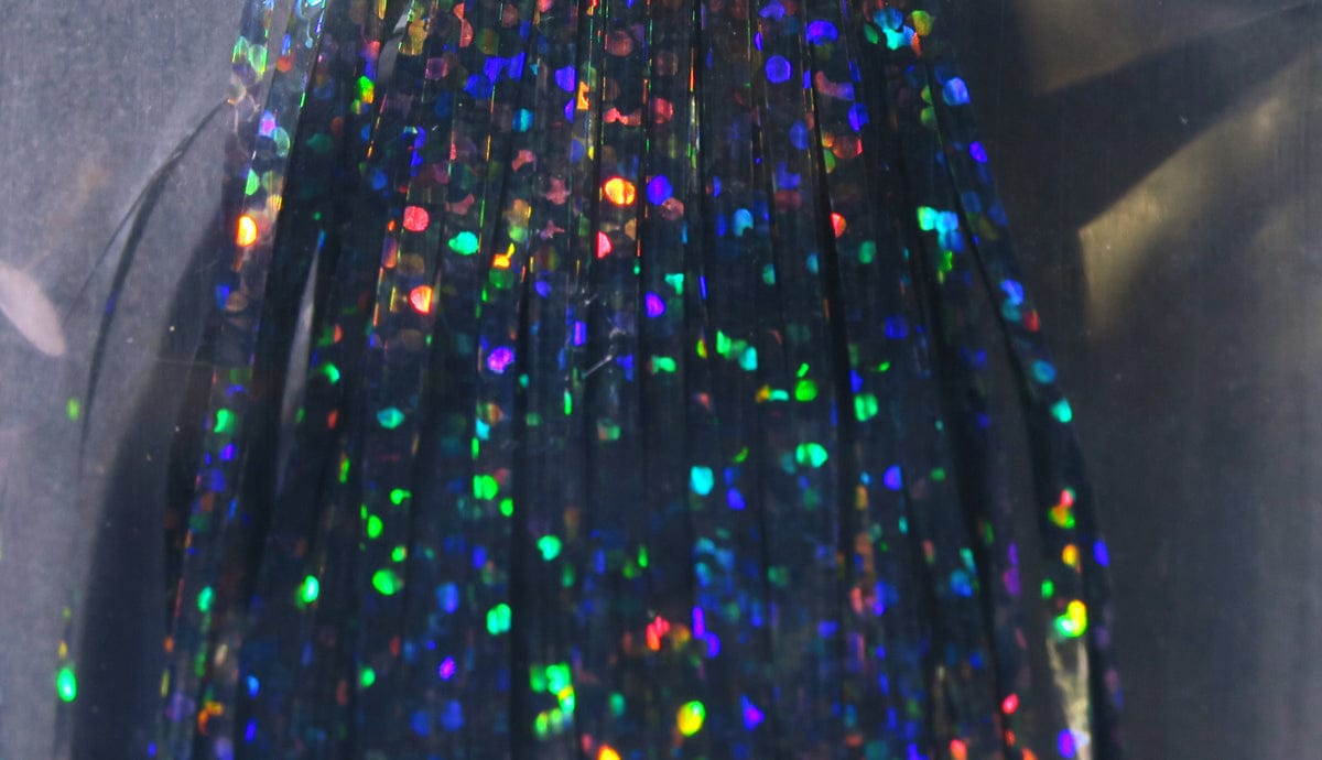 Hedron Saltwater Flashabou black holographic tinsel strands with rainbow flecks for fly tying