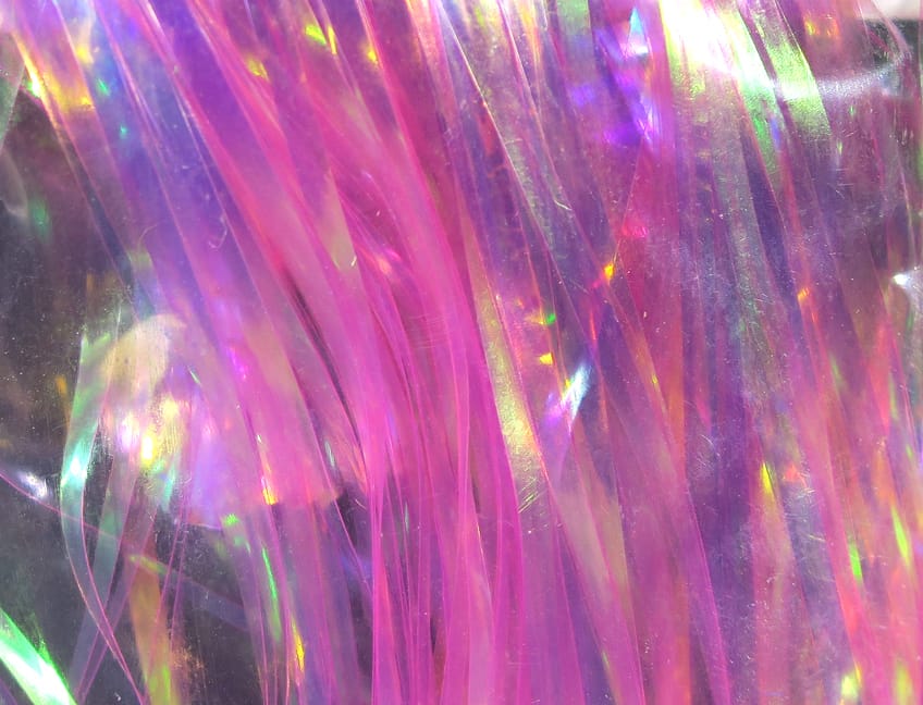 Iridescent pink-violet Hedron Saltwater Flashabou mylar strands, holographic reflective tinsel for fly tying