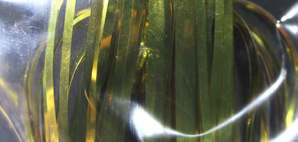 Hedron Saltwater Flashabou metallic gold-green holographic flash strands for fly tying, thin reflective tinsel ribbons