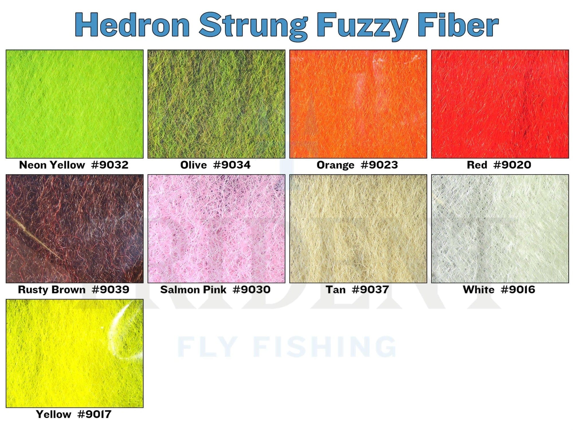Hedron strung fuzzy fiber close-up: textured synthetic fly tying fibers in bright neon yellow, olive, orange and red