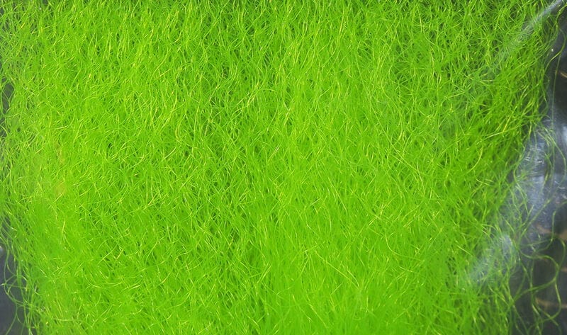 Chartreuse Hedron strung fuzzy fiber for fly tying, dense wispy synthetic strands in bright lime green