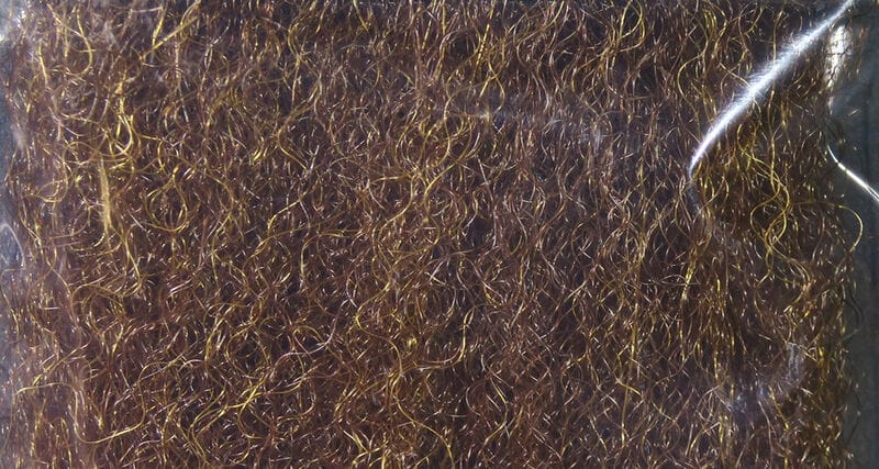 Hedron strung fuzzy fiber in dark brown with gold flash, curly synthetic fly tying material