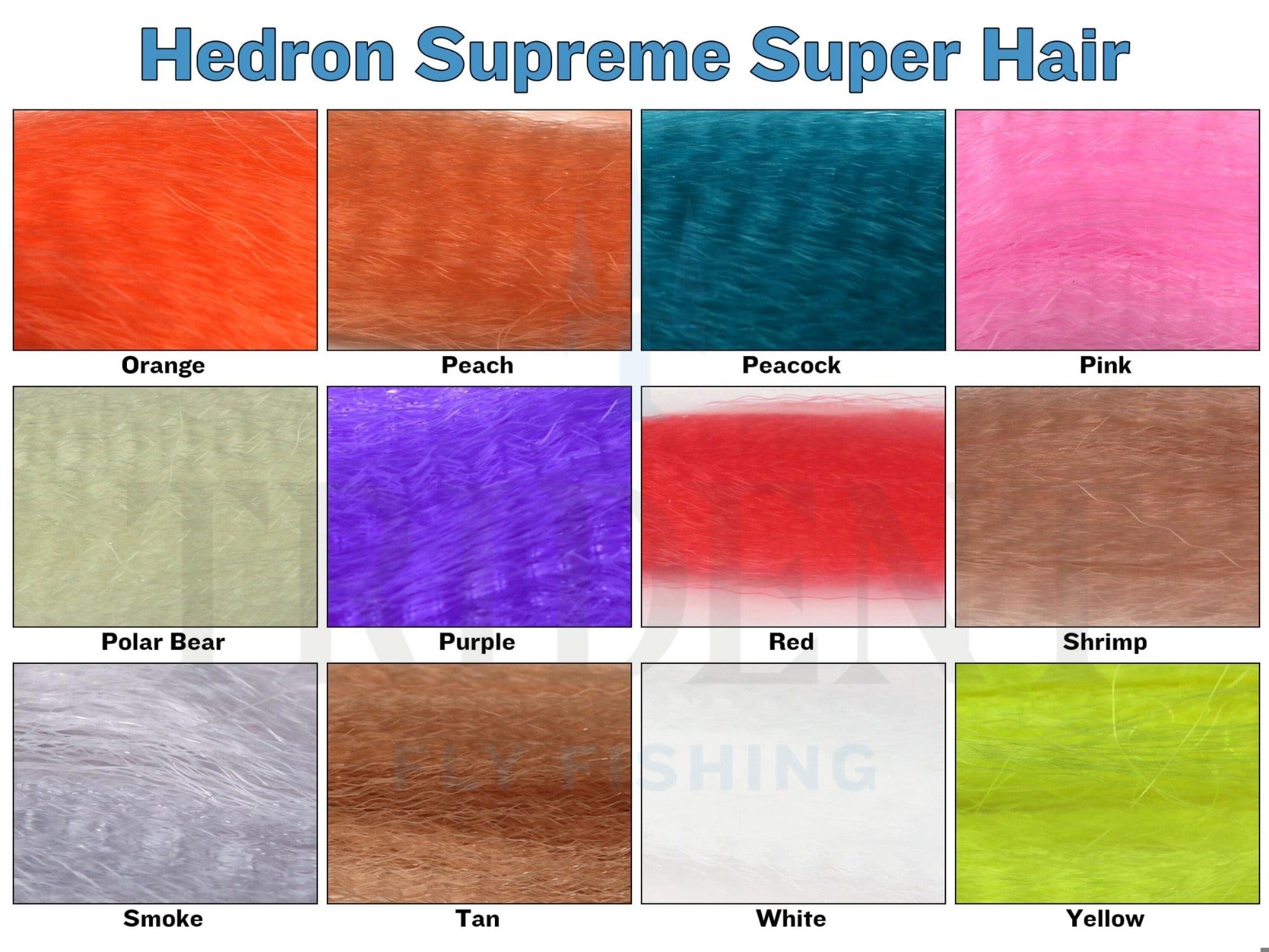 Hedron Supreme Super Hair fly-tying synthetic hair color chart showing textured swatches in orange, peacock, pink
