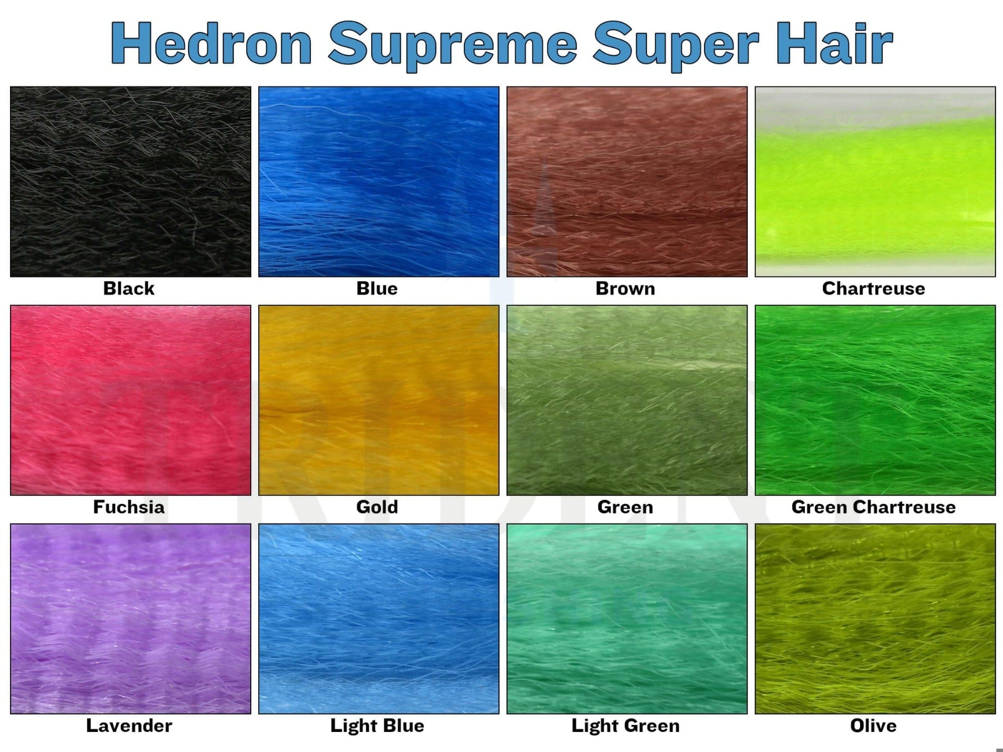 Hedron fly tying synthetic hair swatch grid with textured glossy strands in vivid colors such as black blue chartreuse