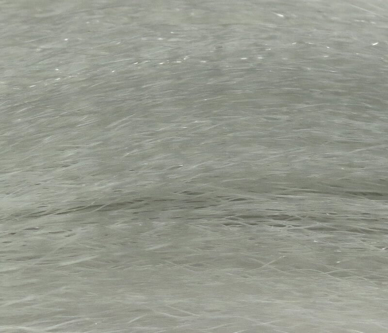 Pale silver-gray synthetic hair fibers for fly tying, long fine texture with subtle sparkle