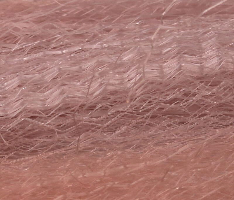 Pale pink Hedron synthetic hair for fly tying, wispy translucent fibers with subtle iridescent shimmer