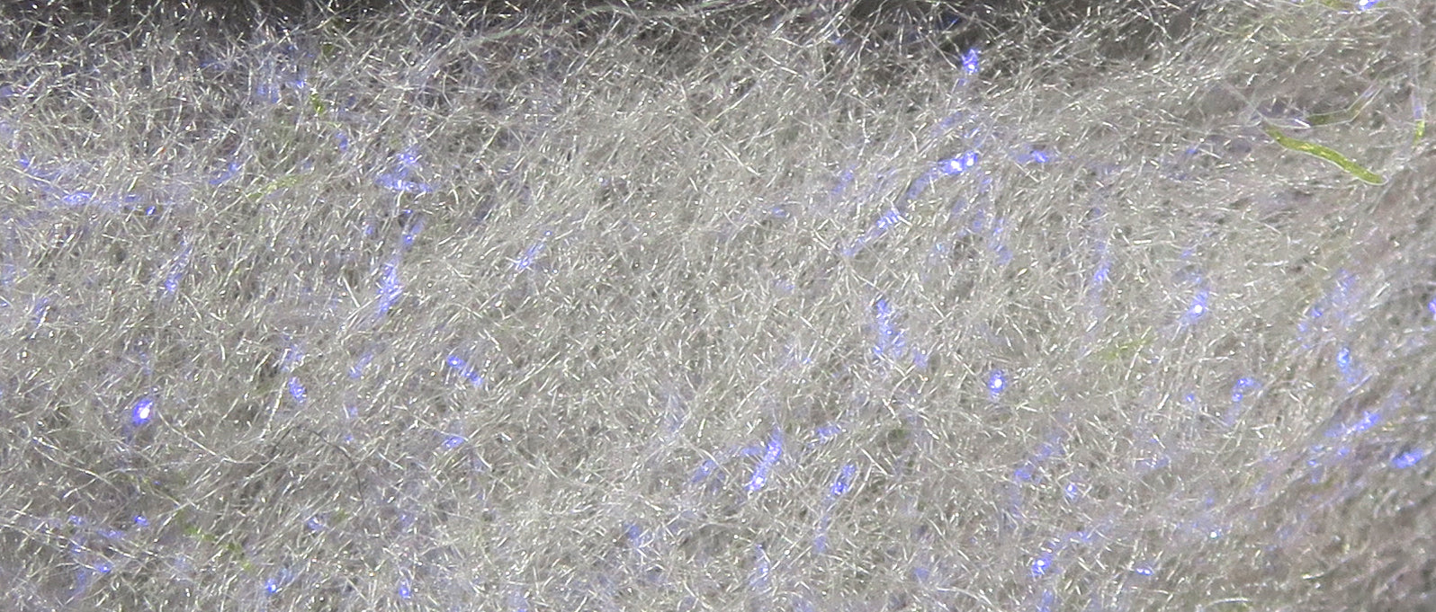 Silver-white synthetic dubbing with fine shiny fibers, blue iridescent flashes and tiny green flecks for fly tying