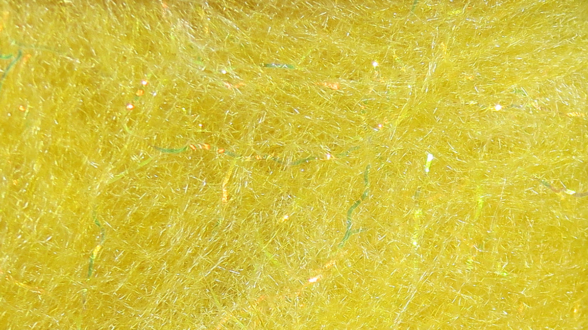 Bright yellow Hareline Jr. Bruiser Blend synthetic dubbing with iridescent strands for fly tying