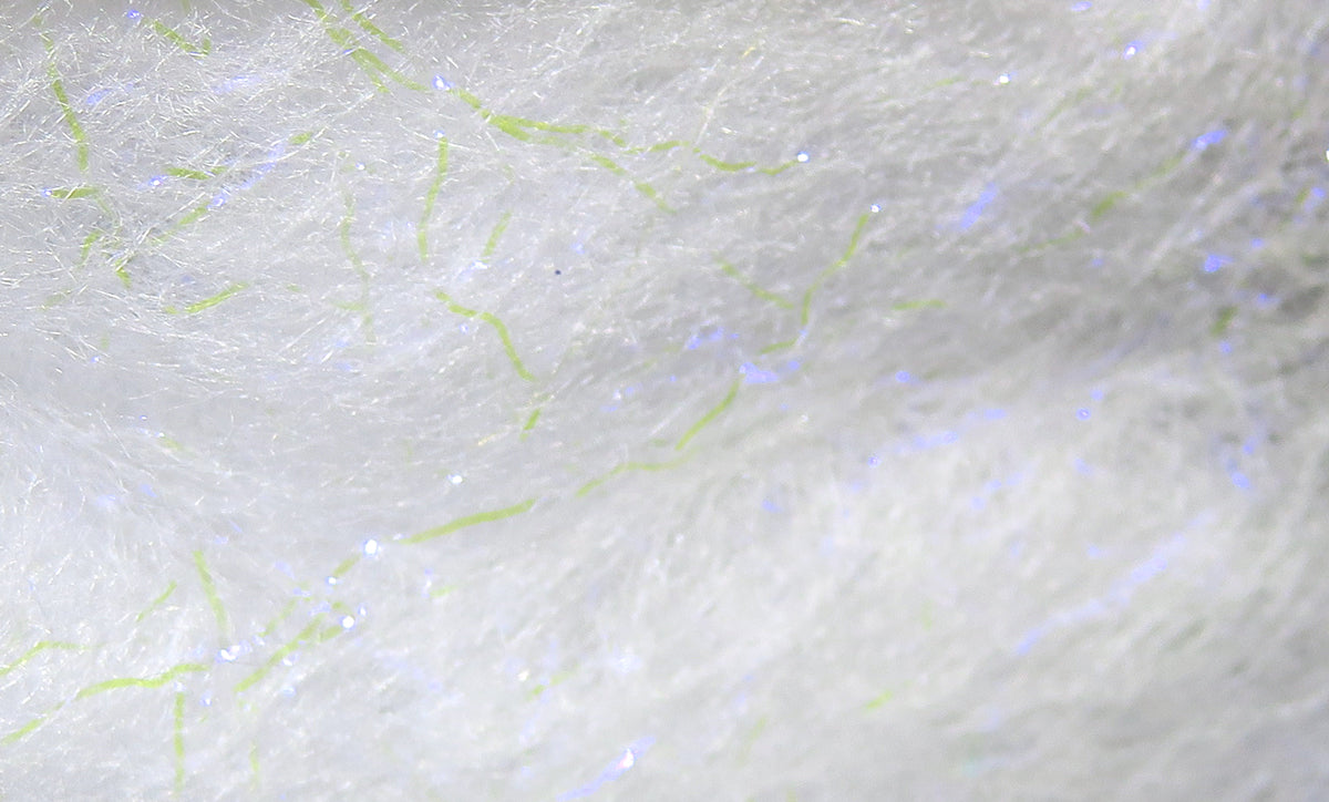 White synthetic Jr. Bruiser Blend dubbing with lime green fibers and blue iridescent flash, fluffy fly tying material