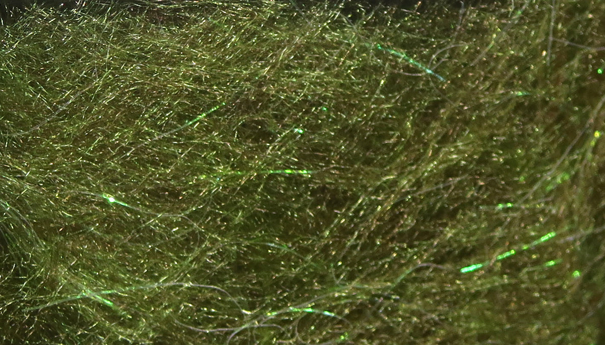 Olive green synthetic Jr. Bruiser dubbing with fine fibers and iridescent green flash strands for fly tying