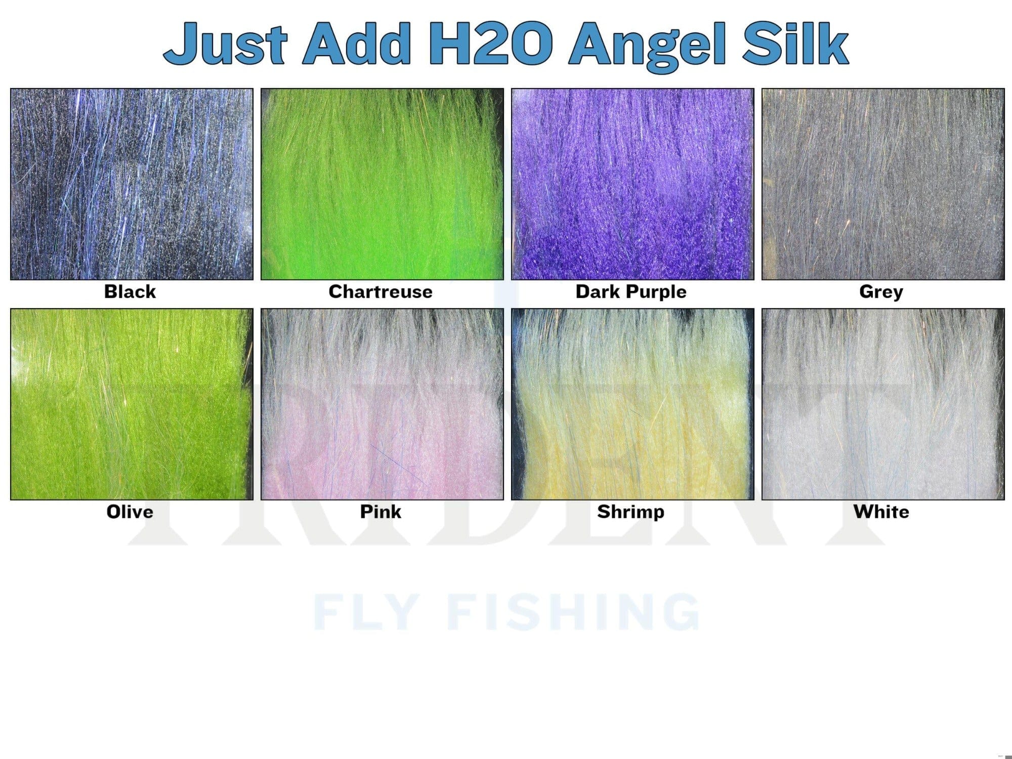 Shimmering Angel Silk synthetic fibers in eight square swatches - chartreuse, dark purple, olive and grey for fly tying