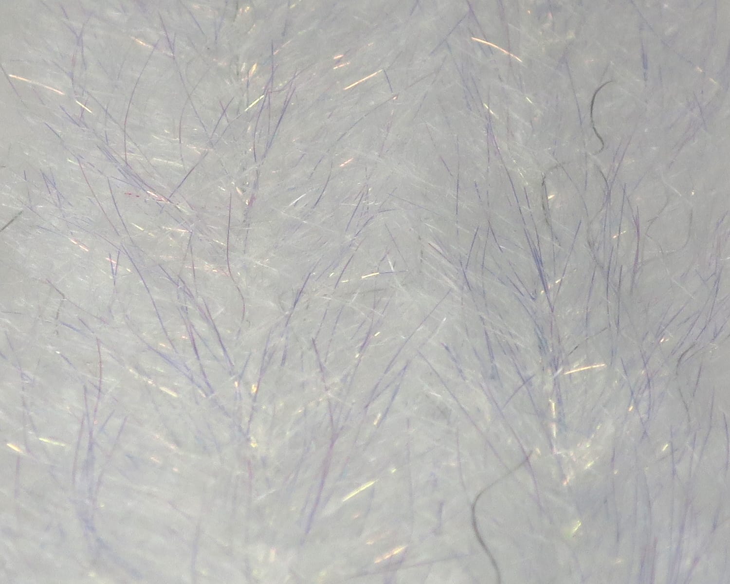 White fluffy synthetic fibers with pale lavender tips and subtle iridescent flash strands, baitfish brush for fly tying