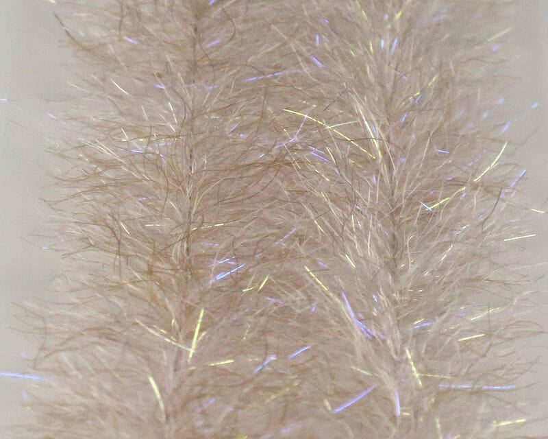Pale tan synthetic baitfish brush with fluffy marabou-like fibers and iridescent flash strands for fly tying