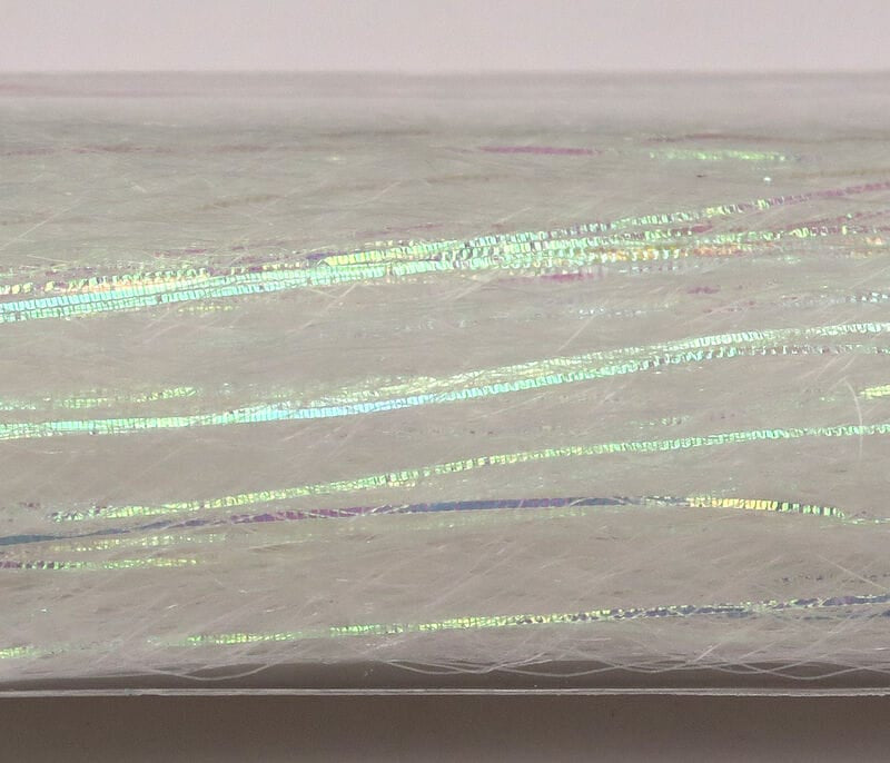 White iridescent synthetic flash fibers with thin holographic strips, slinky style for fly tying