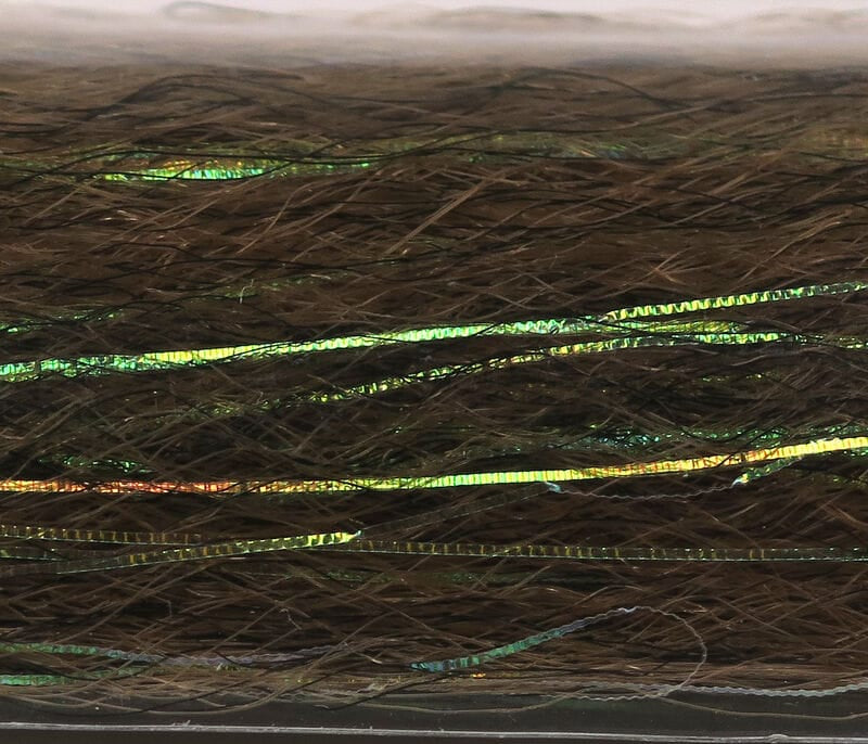 Brown synthetic dubbing fibers with iridescent green-gold flash strips, Just Add H2O Flash N Slinky for fly tying